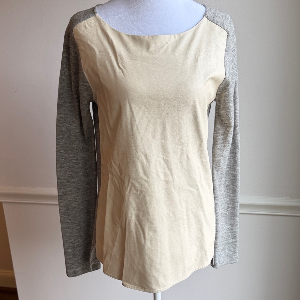 Anthropologie THML Cream Gray Vegan Leather Knit Top small EUC